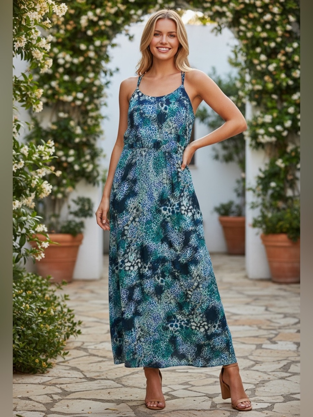 No Boundaries Teal & Navy Printed Spaghetti-Strap Maxi Dress Size Junior 11/13